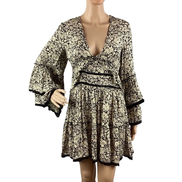 Free People Kristall Mini Dress Size M Black Cream - Picture 1 of 7